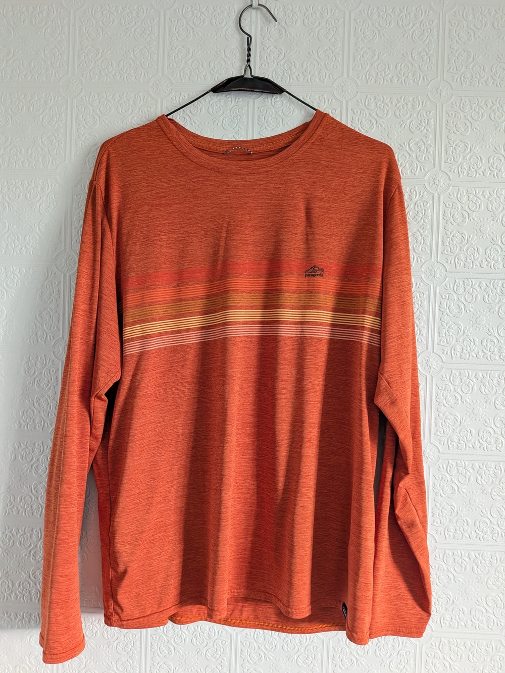 Patagonia Men's Long Sleeve Crew in Rust Orange with Stripes